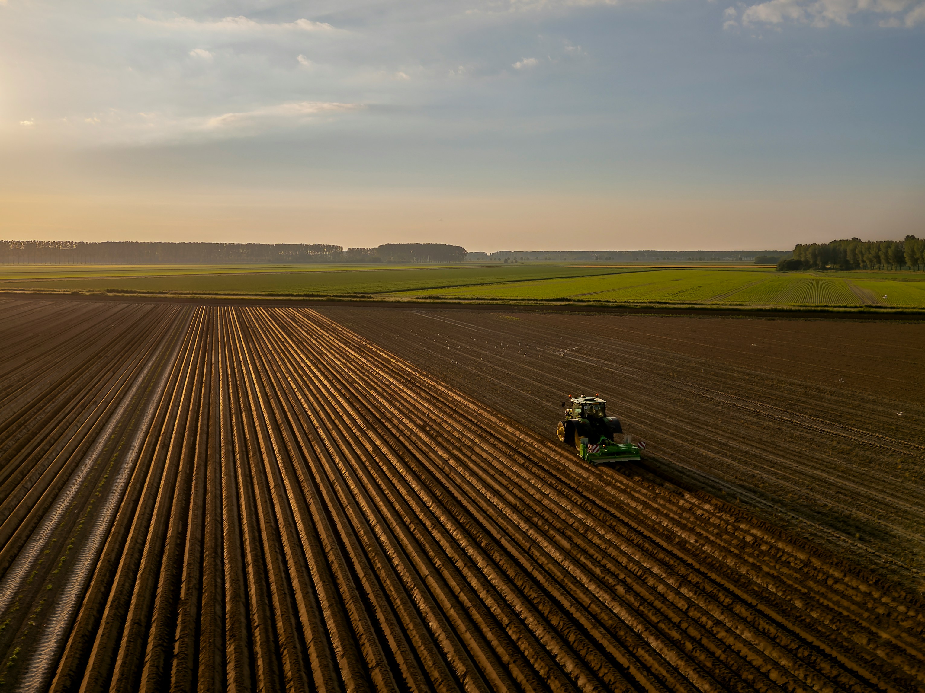 Tracteur labourant un champ au coucher du soleil